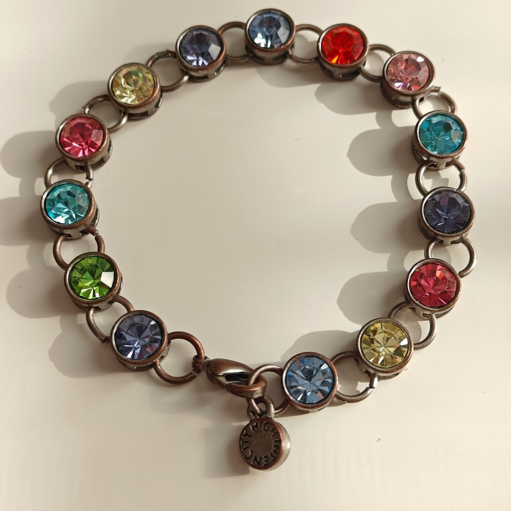 High Intencity Rainbow Colorful Rhinestone Link Tennis Bracelet Silver Tone